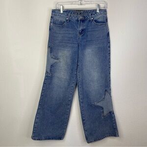 Cali1850 Star Patched Wide Leg Women's Jeans 7/28 Light Stone Wash Mid Rise Y2K